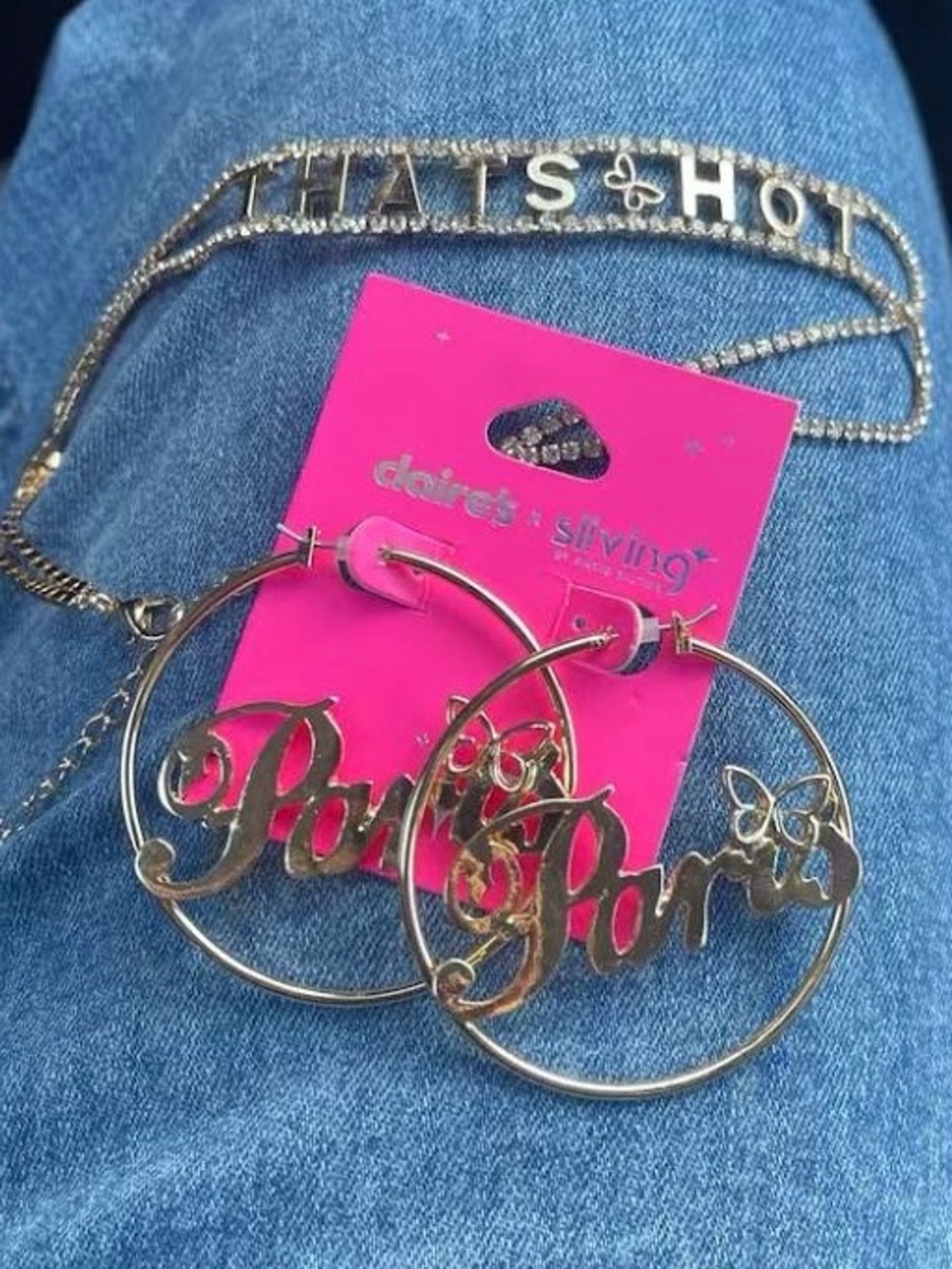 Claire's Gold “Paris”Script Earrings with Butterfly and”thats hot” necklace